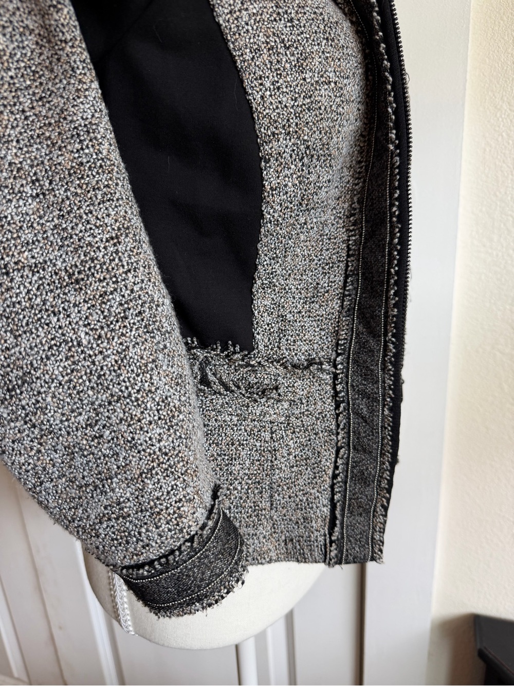 White House Black Market Black and Gray Tweed Fringe Zip Blazer - Picture 6 of 12